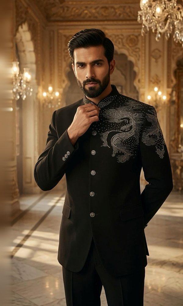 Black Bandhgala with Dragon Embroidery